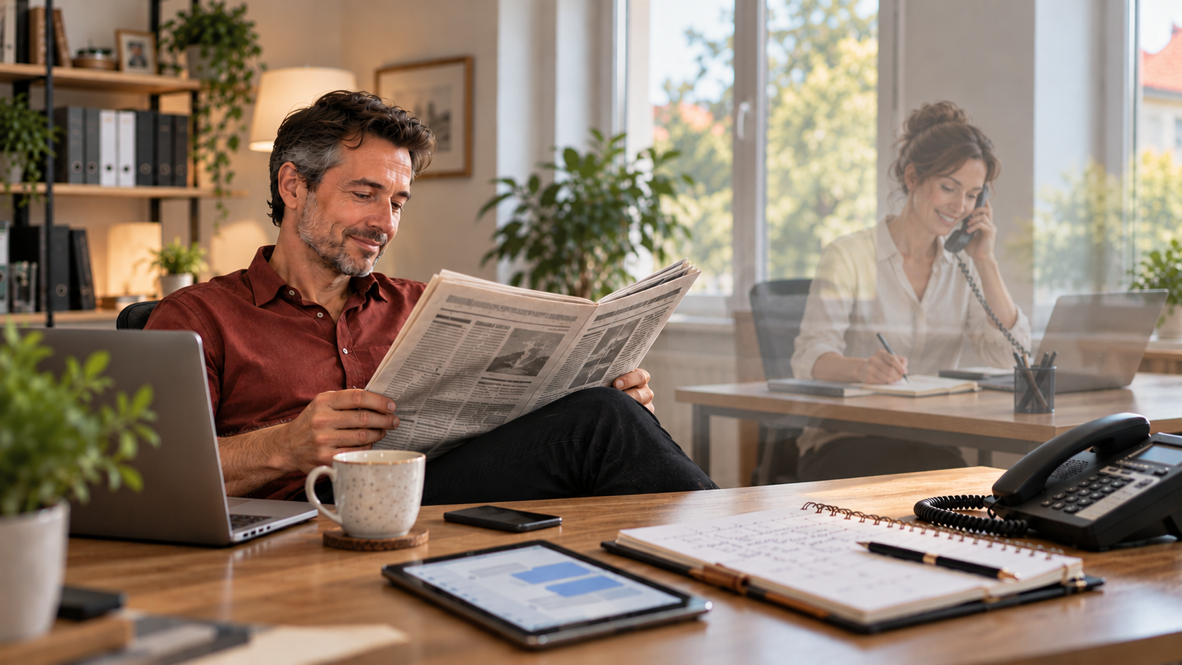 Ein Unternehmer liest entspannt Zeitung und trinkt Kaffee, im Hintergrund nimmt eine Assistentin einen Anruf entgegen